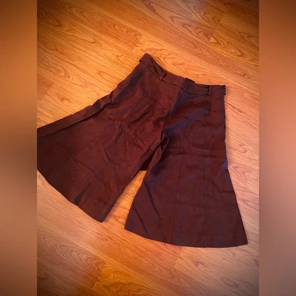 VTG Y2K 100% Linen Crop Pants Extra Wide Leg Gaucho Culottes Brown Belted Moda 4 - Picture 4 of 7